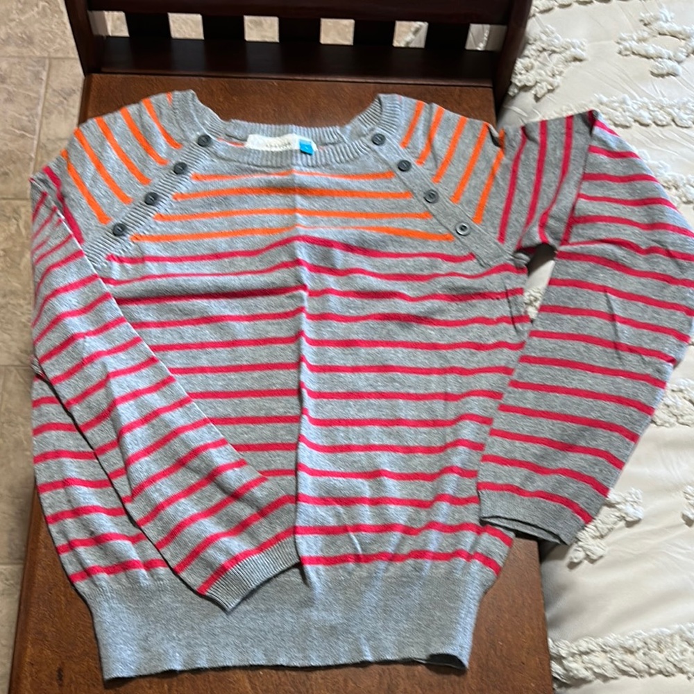 Anthropologie Sparrow Red, Orange and Gray Striped Crew Neck Sweater